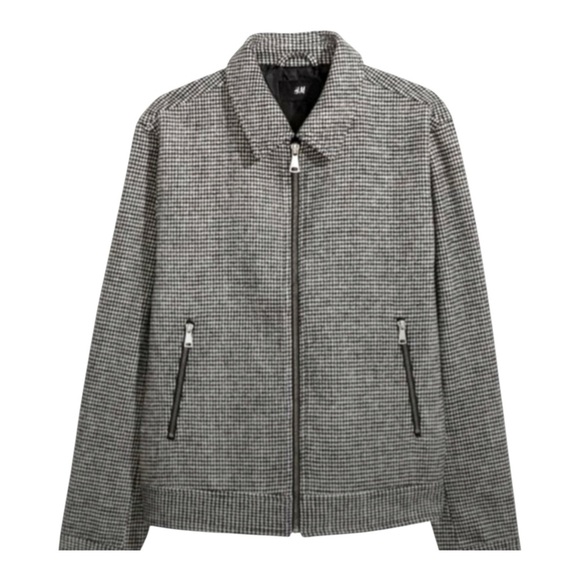 H&M Houndstooth Bomber Jacket Black + White - Wool Blend - Full Zip -Men’s Large - Picture 6 of 16